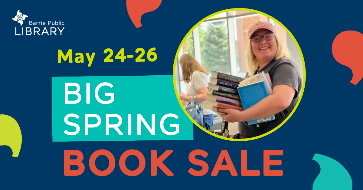 Graphic with text: Big Spring Book Sale May 24-26. Blue background with image of person smiling holding a stack of books.
