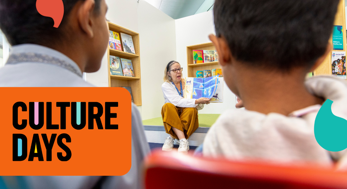 Image of library staff leading a storytime. Culture Days logo lies overtop the image.