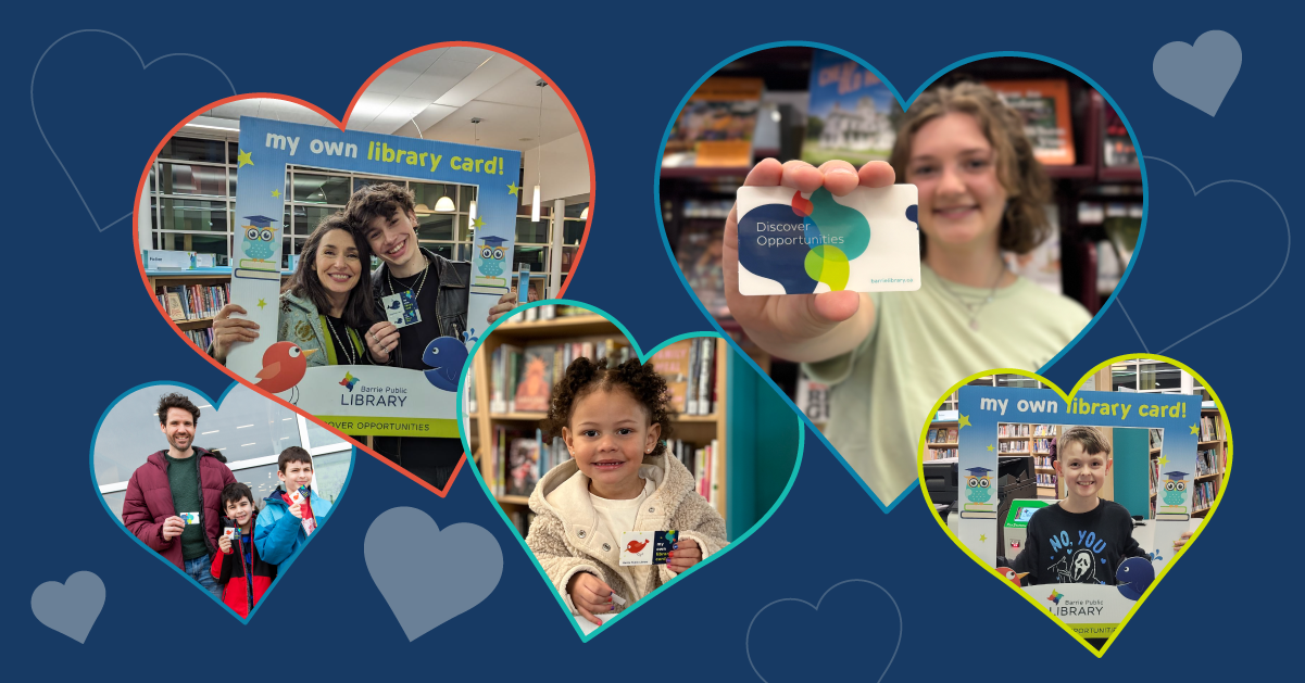 Blue background with images framed in hearts. Patrons in the images hold up library cards and the 